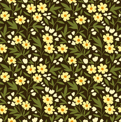 Vintage floral background. Seamless vector pattern for design and fashion prints. Flowers pattern with small yellow flowers on a dark brawn background. Ditsy style.