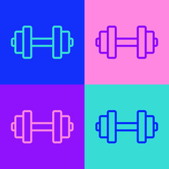 Pop art line Dumbbell icon isolated on color background. Muscle lifting icon, fitness barbell, gym, sports equipment, exercise bumbbell. Vector Illustration