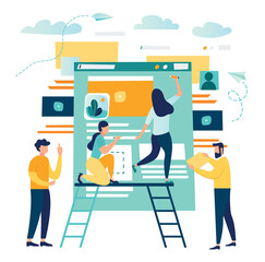 vector creative illustration, online news, social networks, virtual communication, information retrieval, company news, site construction