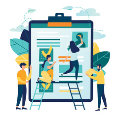 vector illustration design concept on white background. metaphor for candidates for vacancies, review of summaries. small people are studying the application form