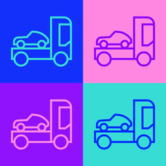 Pop art line Car transporter truck for transportation of car icon isolated on color background. Vector Illustration
