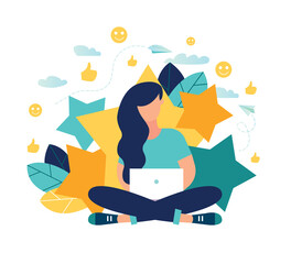 vector illustration on white background. creative flat composition. the best work, high price 5 stars. girl surrounded by stars, successful work.