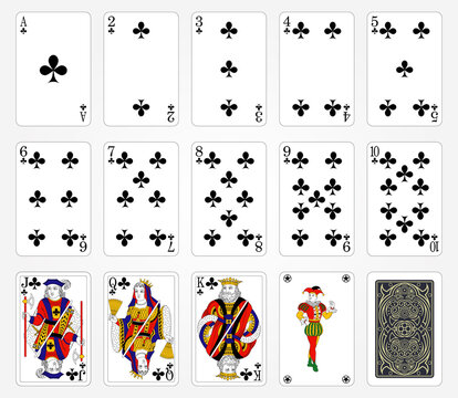Playing cards of Clubs suit on a white background. Vector illustration. Original design.
