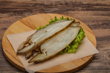 Delicous smoked halibut slices snack