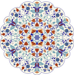 Floral hand drawn Mandala. Turkish motif. Round colorful floral ornament in traditional Oriental pattern. Isolated decorative element for card design, t-shirt print, ceramic tile.