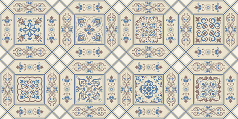 Seamless colorful patchwork in turkish style. Hand drawn background. Azulejos tiles patchwork. Portuguese and Spain decor. Islam, Arabic, Indian, ottoman motif. Perfect for printing on fabric or paper - 355002547