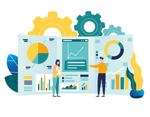 vector illustration of business, office workers are studying the infographic, the analysis of the evolutionary scale