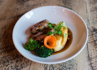 sausage and mash in restaurant