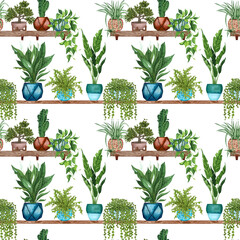 Aquarel naadloze patroon van verschillende kamerplanten. Hand getekende groene kamerplanten in bloempotten. Decoratieve groene achtergrond perfect voor stof textiel, scrapbooking of inpakpapier.