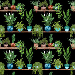Watercolor Seamless pattern of different house plants. Hand drawn indoor green plants in flower pots. Decorative greenery backdrop perfect for fabric textile, scrapbooking or wrapping paper.