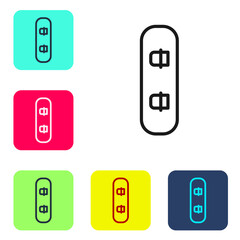 Black line Snowboard icon isolated on white background. Snowboarding board icon. Extreme sport. Sport equipment. Set icons in color square buttons. Vector Illustration
