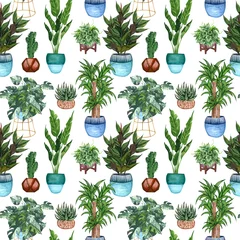 Wall murals Plants in pots Watercolor Seamless pattern of different house plants. Hand drawn indoor green plants in flower pots. Decorative greenery backdrop perfect for fabric textile, scrapbooking or wrapping paper.
