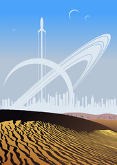 Desert Planet Space Propaganda Poster, Dunes, Planets, Cityscape Silhouette, Rocket Launching 