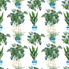 Aquarel naadloze patroon van verschillende kamerplanten. Hand getekende groene kamerplanten in bloempotten. Decoratieve groene achtergrond perfect voor stof textiel, scrapbooking of inpakpapier.
