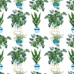 Zelfklevend Fotobehang Planten in pot Aquarel naadloze patroon van verschillende kamerplanten. Hand getekende groene kamerplanten in bloempotten. Decoratieve groene achtergrond perfect voor stof textiel, scrapbooking of inpakpapier.