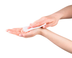 Woman hand use antibacterial wet wipes or tissue isolated on a white background