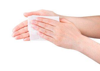 Woman hand use antibacterial wet wipes or tissue isolated on a white background