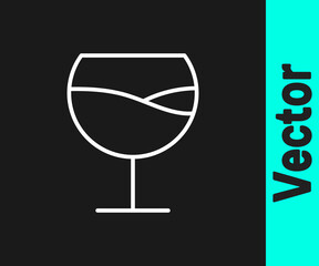 White line Wine glass icon isolated on black background. Wineglass sign. Vector Illustration
