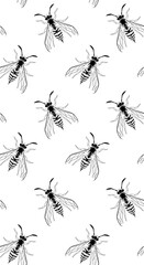 Dark gothic wasp insect vertical seamless wallpaper. Dangerous black bugs cover on white backdrop. Vector Bumblebee drawing mobile banner. Wild Nature graphic print