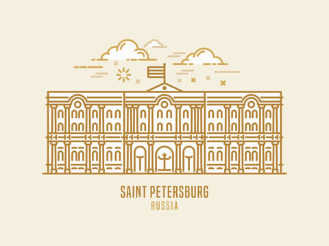 The State Hermitage Museum - famous landmark of Saint-Petersburg, Russia. The second-largest art and culture museum in the world,. City sight vector icon in simple thin line art style
