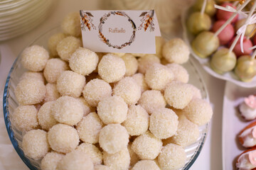 delicious white chocolate balls on table