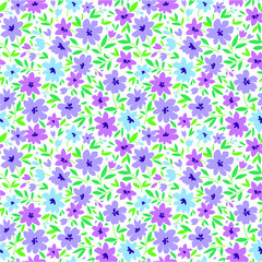 Cute floral pattern in the small flower. Ditsy print. Seamless vector texture. Elegant template for fashion prints. Printing with small lilac and blue flowers. White background.