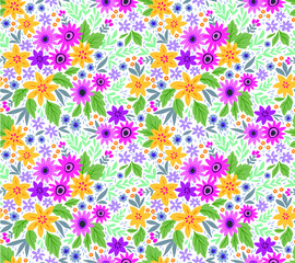 Trendy seamless vector floral pattern. Endless print made of small purple and yellow flowers, leaves and berries. Summer and spring motifs. White background.Vector illustration.