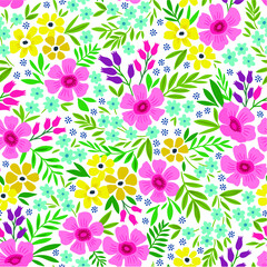 Trendy seamless vector floral pattern. Endless print made of small pink and yellow flowers, leaves and berries. Summer and spring motifs. White background.Vector illustration.