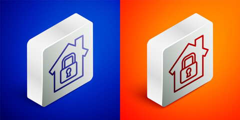 Isometric line House under protection icon isolated on blue and orange background. Home and lock. Protection, safety, security, protect, defense concept. Silver square button. Vector Illustration