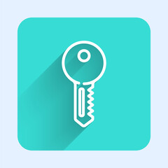 White line House key icon isolated with long shadow. Green square button. Vector Illustration