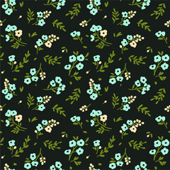 Cute floral pattern in the small flower. Ditsy print. Motifs scattered random. Seamless vector texture. Elegant template for fashion prints. Printing with small blue flowers. Dark background.