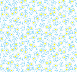 Floral pattern. Pretty flowers on white background. Printing with small blue flowers. Ditsy print. Seamless vector texture. Spring bouquet.