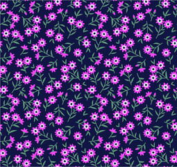 Fototapeta na wymiar Cute floral pattern in the small flower. Ditsy print. Motifs scattered random. Seamless vector texture. Elegant template for fashion prints. Printing with small pink flowers. Dark blue background.