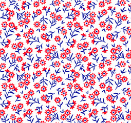 Vintage floral background. Seamless vector pattern for design and fashion prints. Flowers pattern with small red flowers on a white background. Ditsy style. 