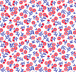 Vintage floral background. Seamless vector pattern for design and fashion prints. Flowers pattern with small red flowers on a white background. Ditsy style. 