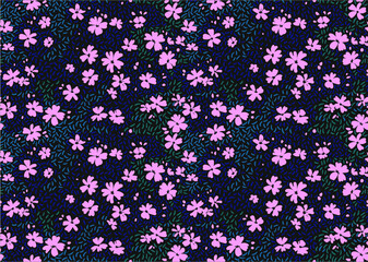 Fototapeta na wymiar Cute floral pattern in the small flower. Ditsy print. Seamless vector texture. Elegant template for fashion prints. Printing with small rose-colored flowers. Dark violet background.