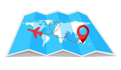 Fototapeta na wymiar Air plane flight route with start point and dash line trace. World travel map with pinpoint on it. Romantic travel, heart dashed path on world map background. Vector illustration.