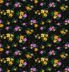 Eenvoudig schattig patroon in kleine gele en lila bloemen op donkergrijze achtergrond. Vrijheidsstijl. Ditsy print. Bloemen naadloze achtergrond. De elegante sjabloon voor modeprints.