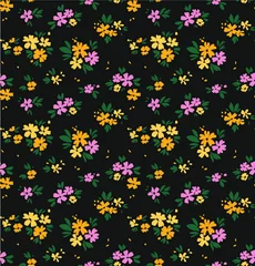 Foto op Plexiglas Kleine bloemen Eenvoudig schattig patroon in kleine gele en lila bloemen op donkergrijze achtergrond. Vrijheidsstijl. Ditsy print. Bloemen naadloze achtergrond. De elegante sjabloon voor modeprints.