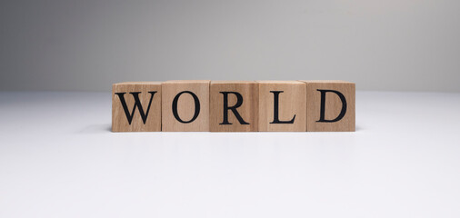 World word made of wooden cubes in white background.