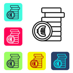 Black line Coin money with euro symbol icon isolated on white background. Banking currency sign. Cash symbol. Set icons in color square buttons. Vector Illustration