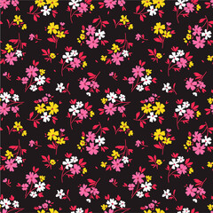 Fototapeta na wymiar Floral pattern. Pretty flowers on dark brawn background. Printing with small colorful flowers. Ditsy print. Seamless vector texture. Spring bouquet. 