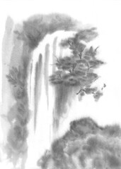 Waterfall. The mountains. Traditional oriental ink painting. Style of mountain, water. Black and white image. Chinese, japanese traditional style.