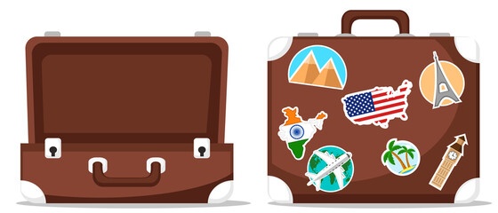 Open and closed suitcase in stickers. Travel suitcase