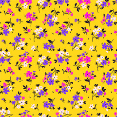 Vector seamless pattern. Pretty pattern in small flower. Small colorful flowers. Yellow background. Ditsy floral background. The elegant template for fashion prints.