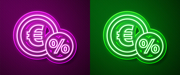 Glowing neon line Money coin with percent icon isolated on purple and green background. Cash Banking currency sign. Vector Illustration