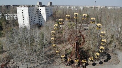 The abandoned Ferris wheel in the amusement park in Pripyat. aerial photography. Chernobyl...