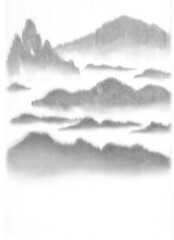 Background with mountains. Ink mountain landscape. Mountains in the fog.Traditional oriental ink painting. Style of mountain, water. Black and white image. Chinese, japanese traditional style.