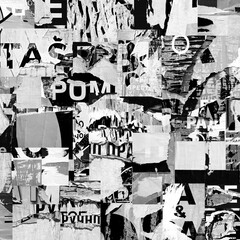Torn street advertisement posters collage background texture creased crumpled ripped paper backdrop surface placard