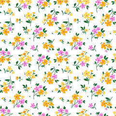 Leuk bloemenpatroon in de kleine bloem. Ditsy print. Naadloze vectortextuur. Elegante sjabloon voor modeprints. Bedrukking met kleine gele en roze bloemen. Witte achtergrond.